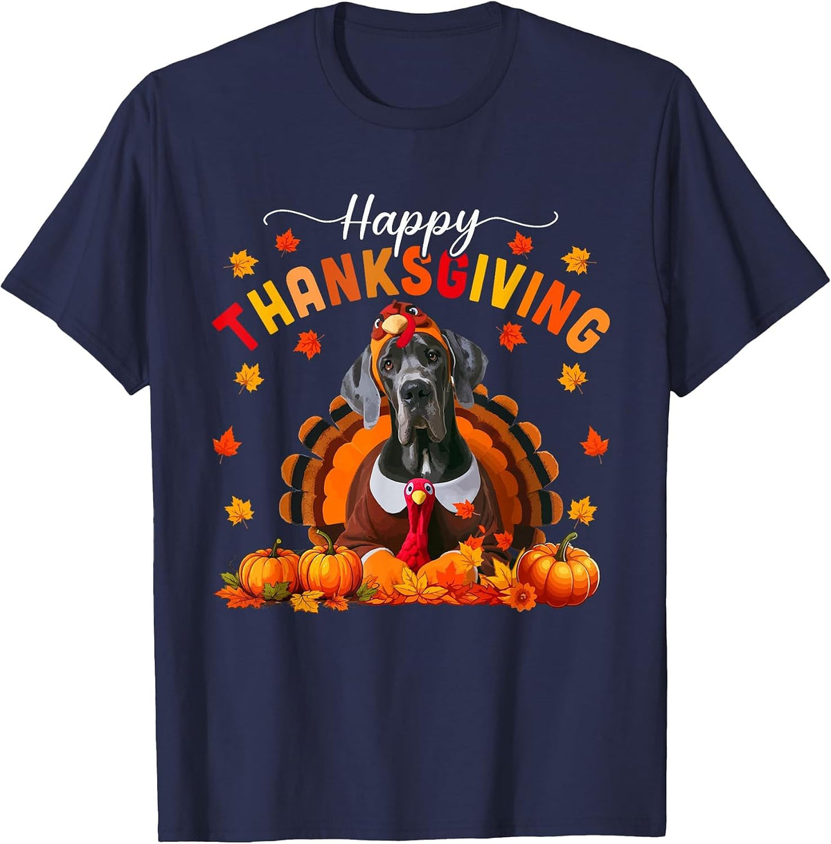 Happy Thanksgiving Great Dane Cosplay Fall Turkey Owner Kids T-Shirt - Navy Blue