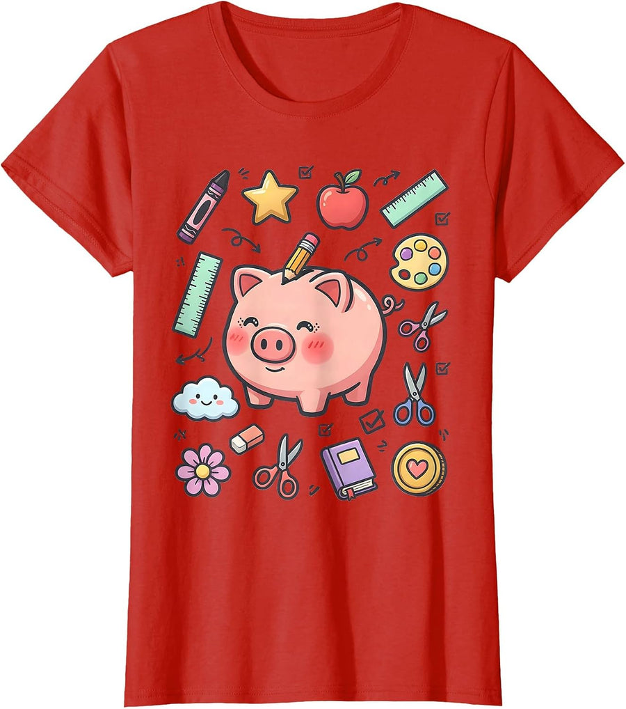 Women's Preschool Teacher Piggy Bank Pencil Graphic T-Shirt - Red