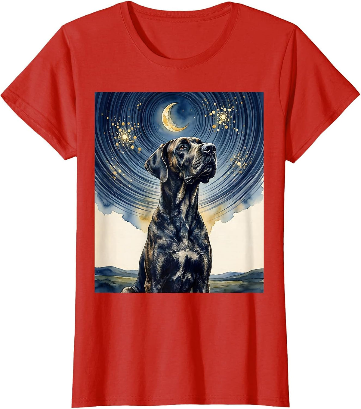 Women's Great Dane Van Gogh Style Starry Night Portrait T-Shirt - Red