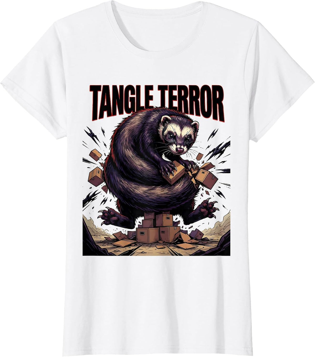 Tangle Terror Cartoon Ferret Lover Gift Ferret Owner Humor T-Shirt - White