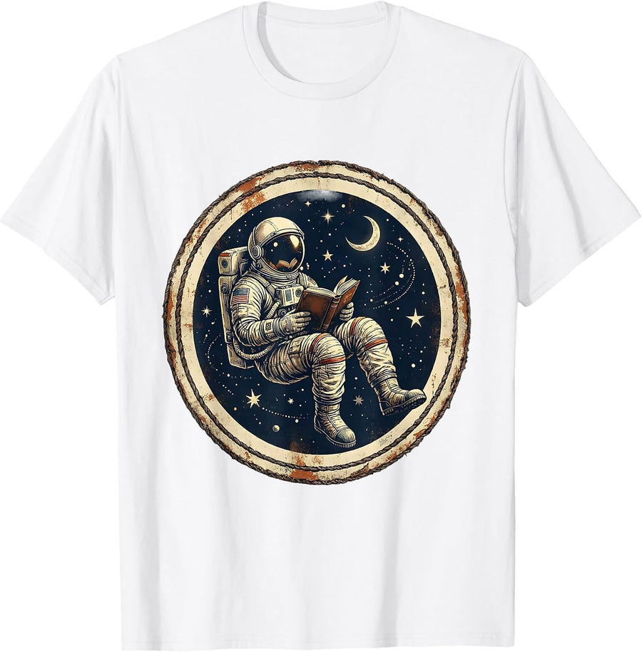 Men's Astronaut Reading in Space Illustration T-Shirt - White