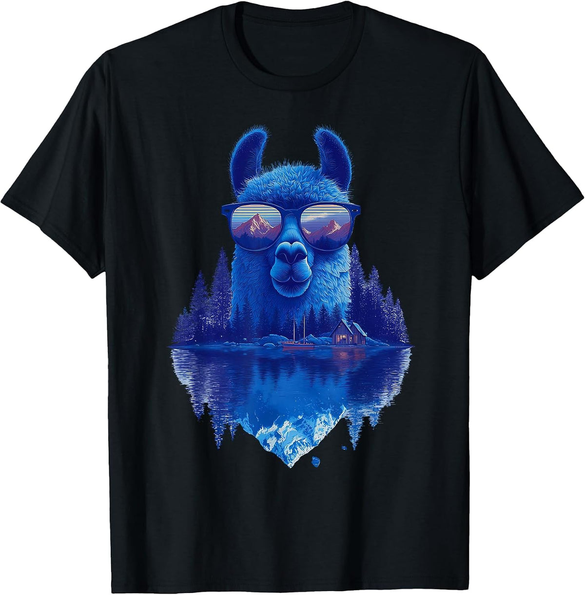 Funny Alpaca Llama with Sunglasses Animal Graphic T-Shirt - Black