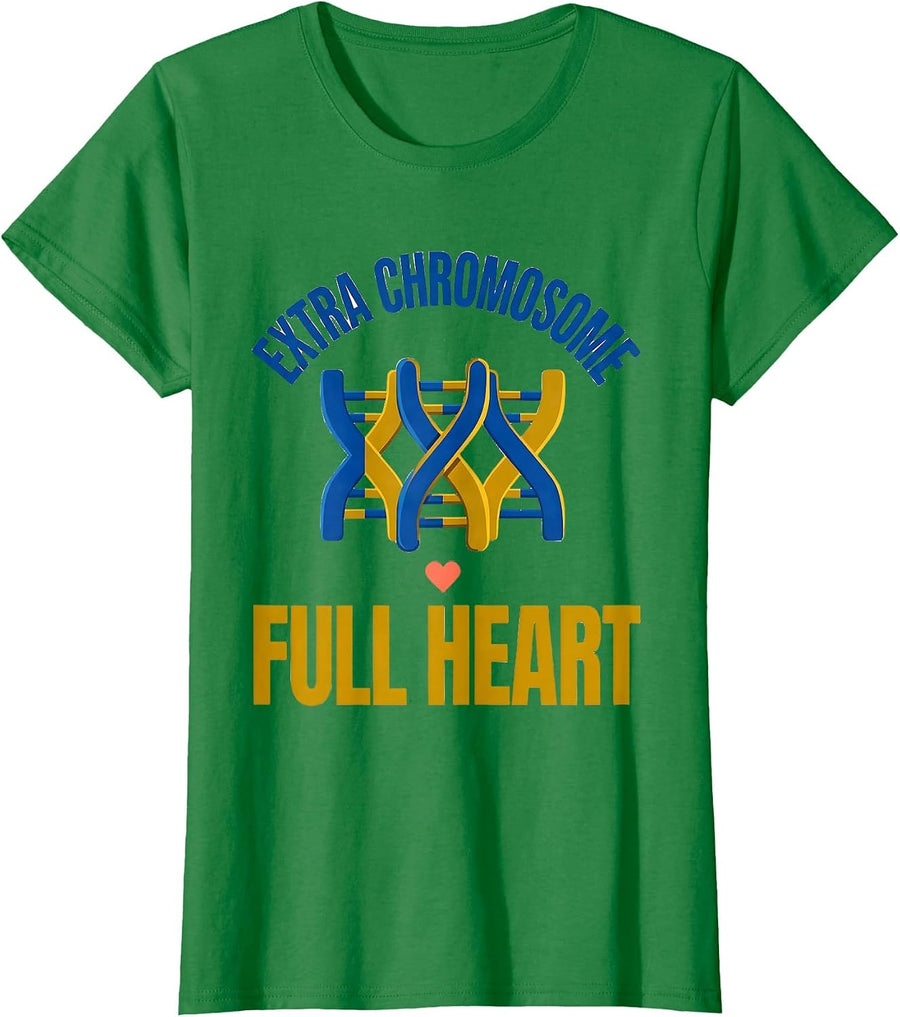 Women's Extra Chromosome Full Heart Down Syndrome Awareness Support T-Shirt - Kelly Green