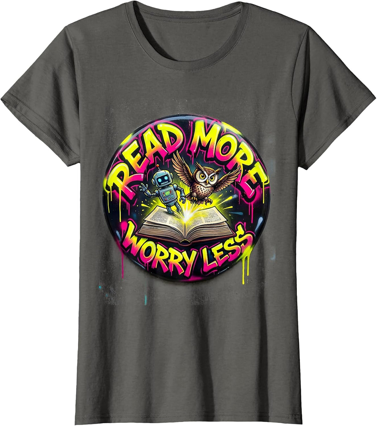 Women's Read More Worry Less Book Characters Literacy T-Shirt - Asphalt Grey