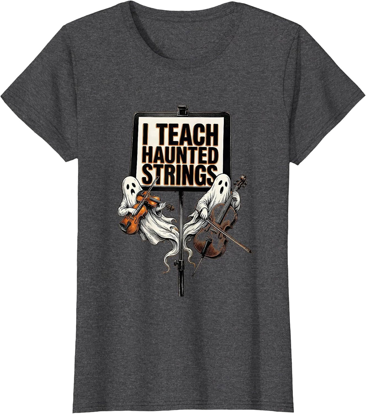 Women's I Teach Haunted Strings Funny Music Teacher Ghost Band T-Shirt - Dark Heather Grey