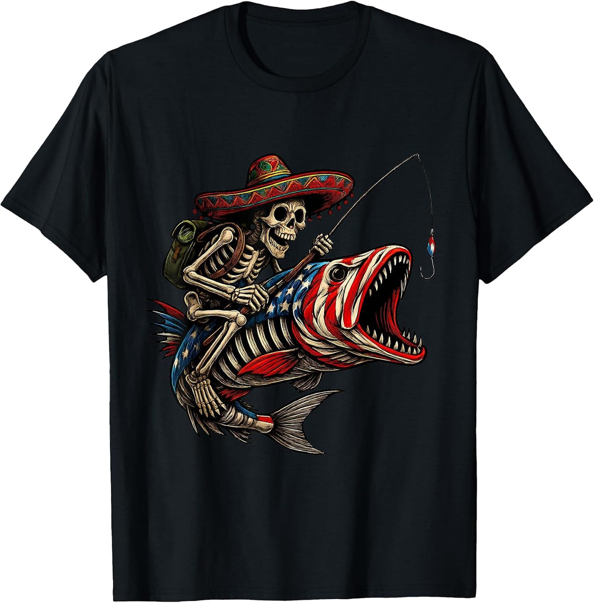 Fishing Mexican Sombrero Bass Fish Skull Skeleton Fisherman T-Shirt - Black