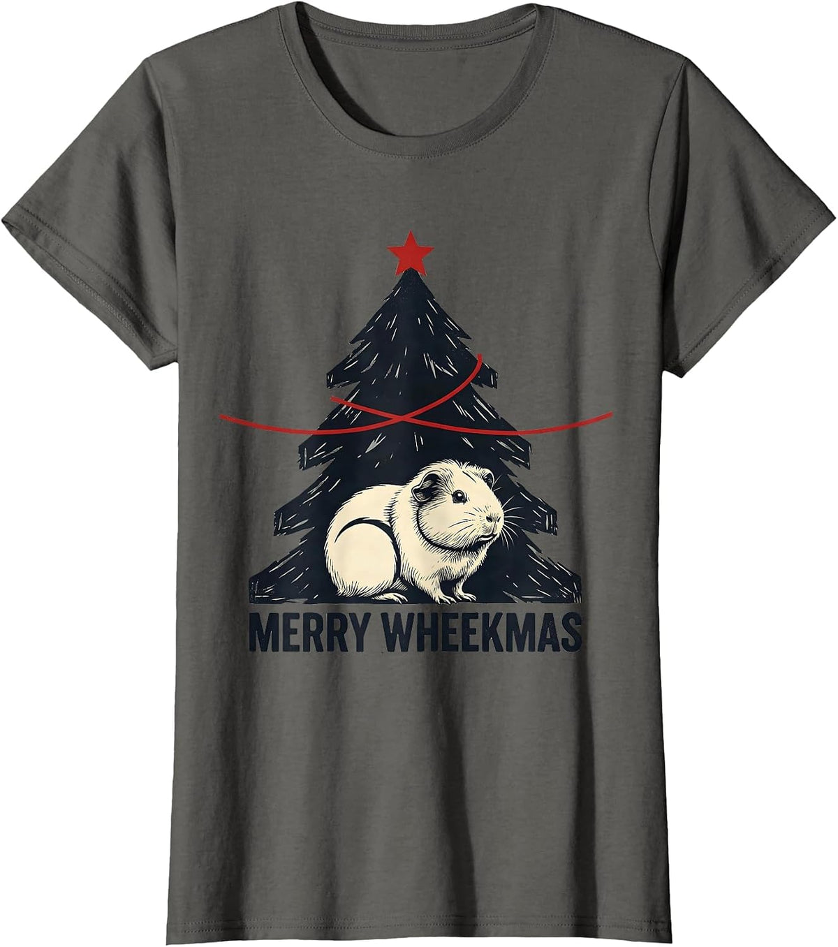 Women's Merry Wheekmas Linocut Guinea Pig Christmas Pet Lover Humor T-Shirt - Asphalt Grey