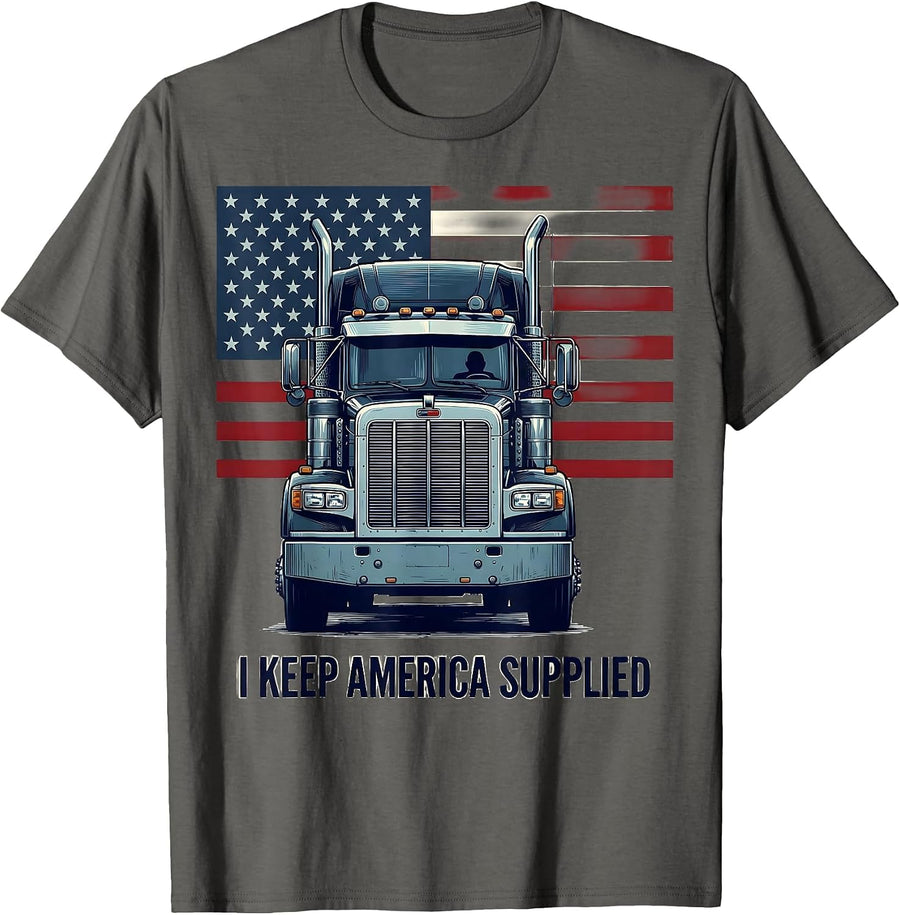 I Keep America Supplied Patriotic Semi Truck Driver Trucker T-Shirt - Asphalt Grey