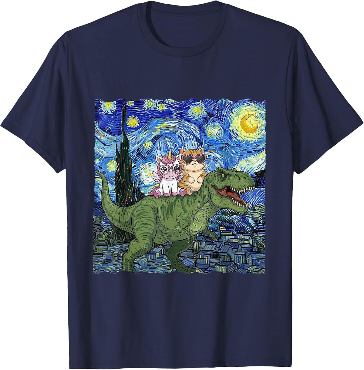Cat Unicorn Riding Dinosaur T rex Kitten Lover Starry Night T-Shirt - Navy Blue