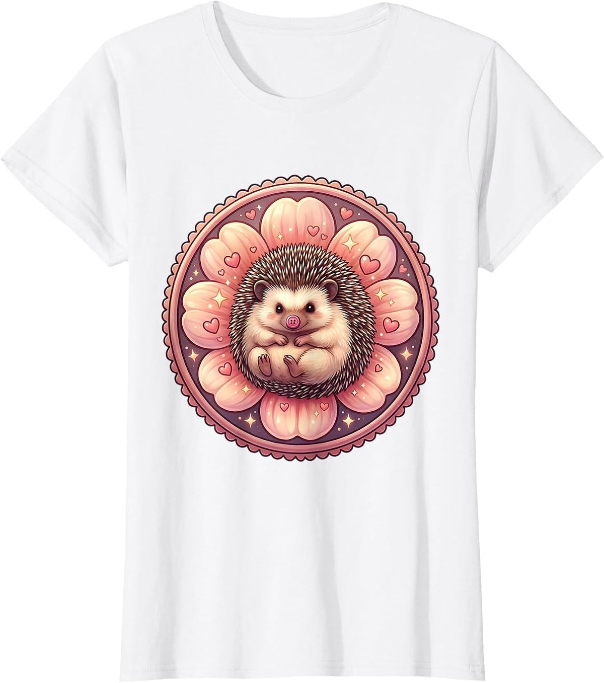 Kawaii Hedgehog in a Flower Bloom Cute Nature Art T-Shirt - White