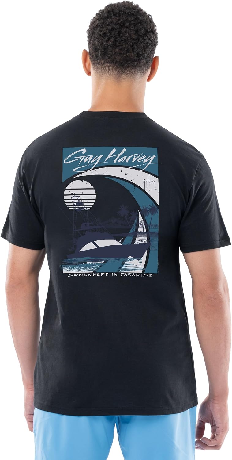 Guy Harvey Men’s Short Sleeve Lightweight Cotton Graphic Pocket T-Shirt - Caviar\/Sunset Paradise