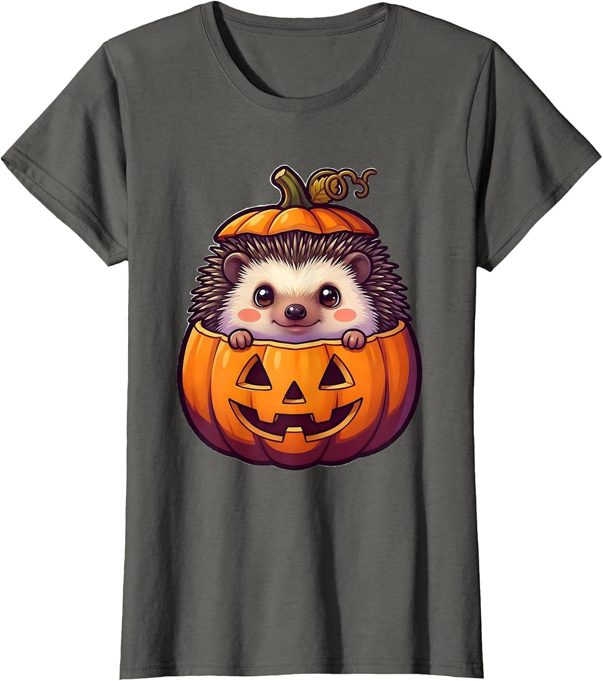 Women's Cute Chibi Hedgehog Pumpkin Halloween Kids Humor T-Shirt - Asphalt Grey