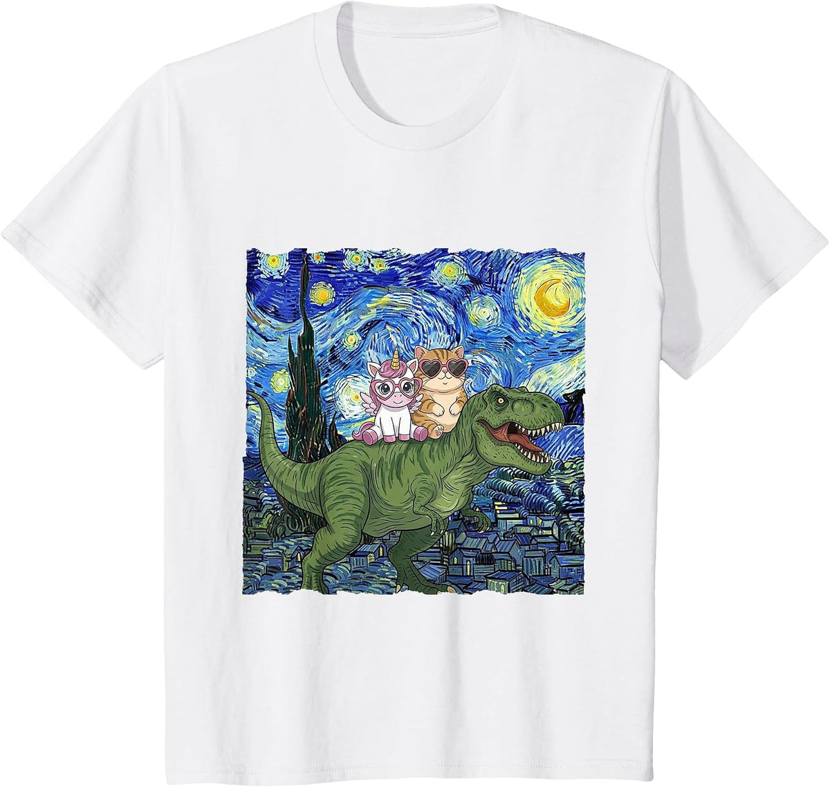 Cat Unicorn Riding Dinosaur T rex Kitten Lover Starry Night T-Shirt - White