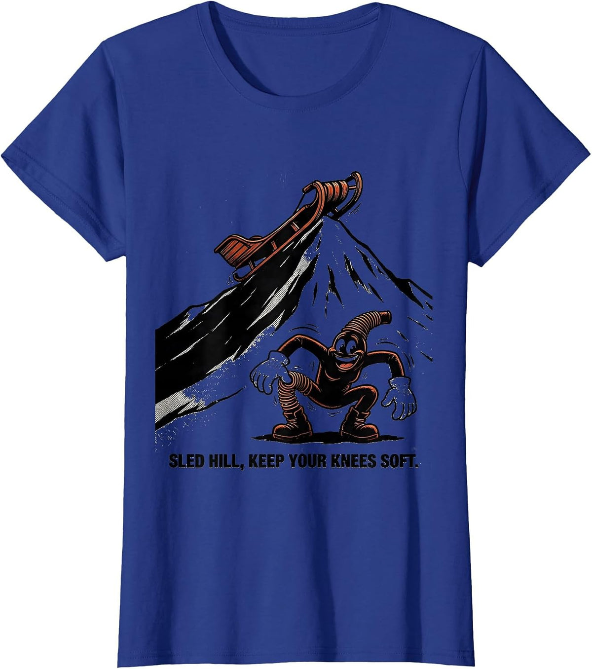 Women's Sled Hill Keep Your Knees Soft Retro Cartoon Physical T-Shirt - Royal Blue