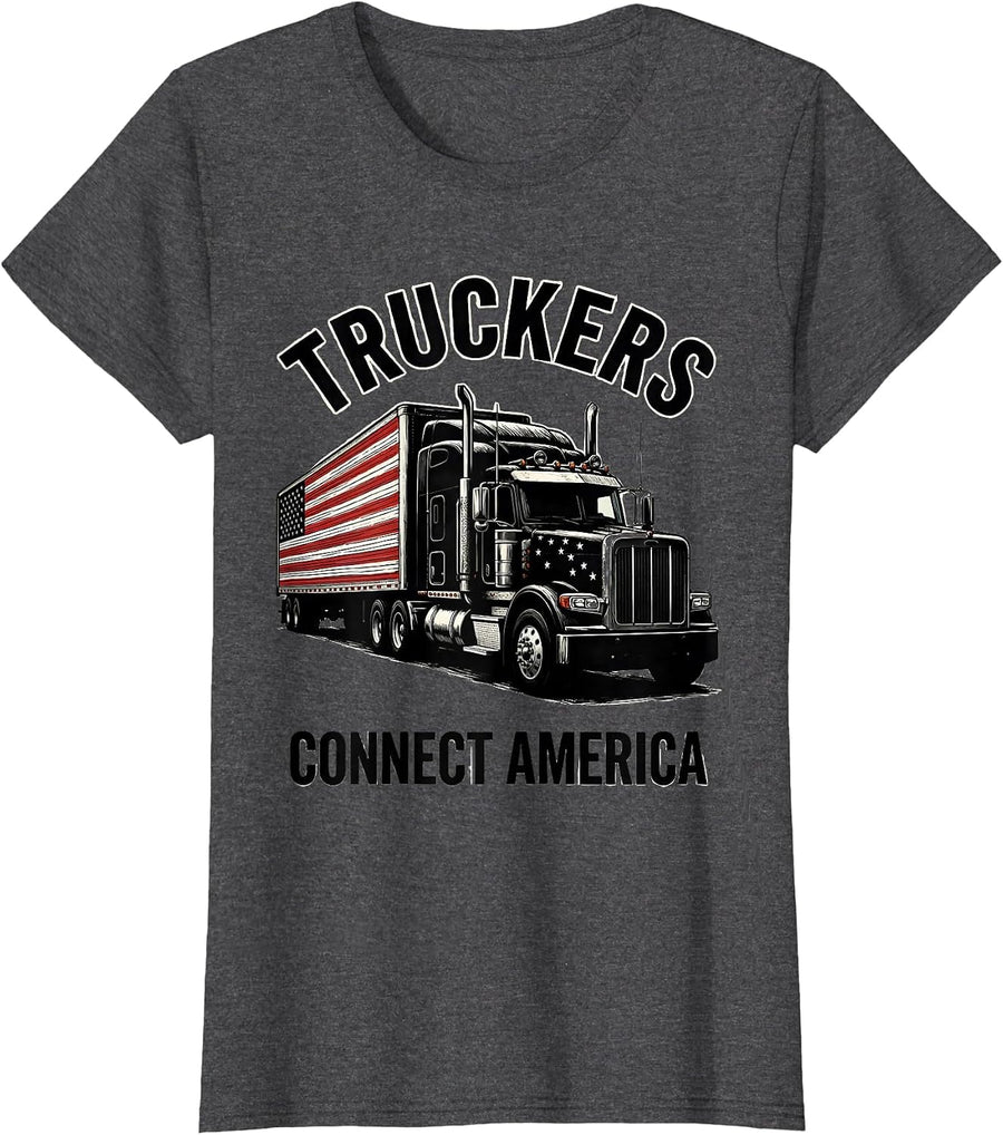 Women's Truckers Connect America Patriotic Semi Truck Driver Trucker T-Shirt - Dark Heather Grey