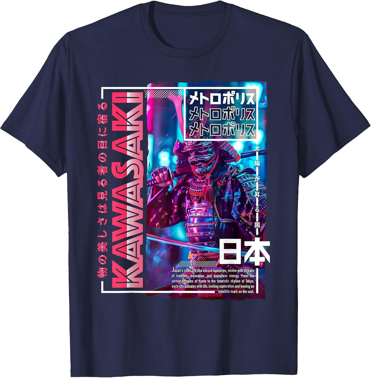 Kawasaki City 80s Synthwave Samurai Japan Kawasaki T-Shirt - Navy Blue