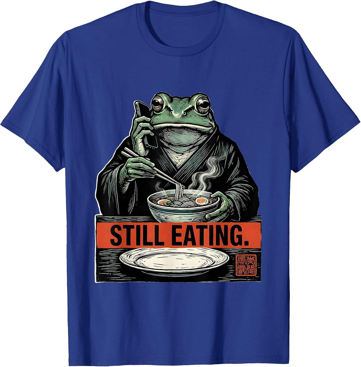 Men's Still Eating Grumpy Frog Ramen Japanese Art Ukiyo-e Humor T-Shirt - Royal Blue