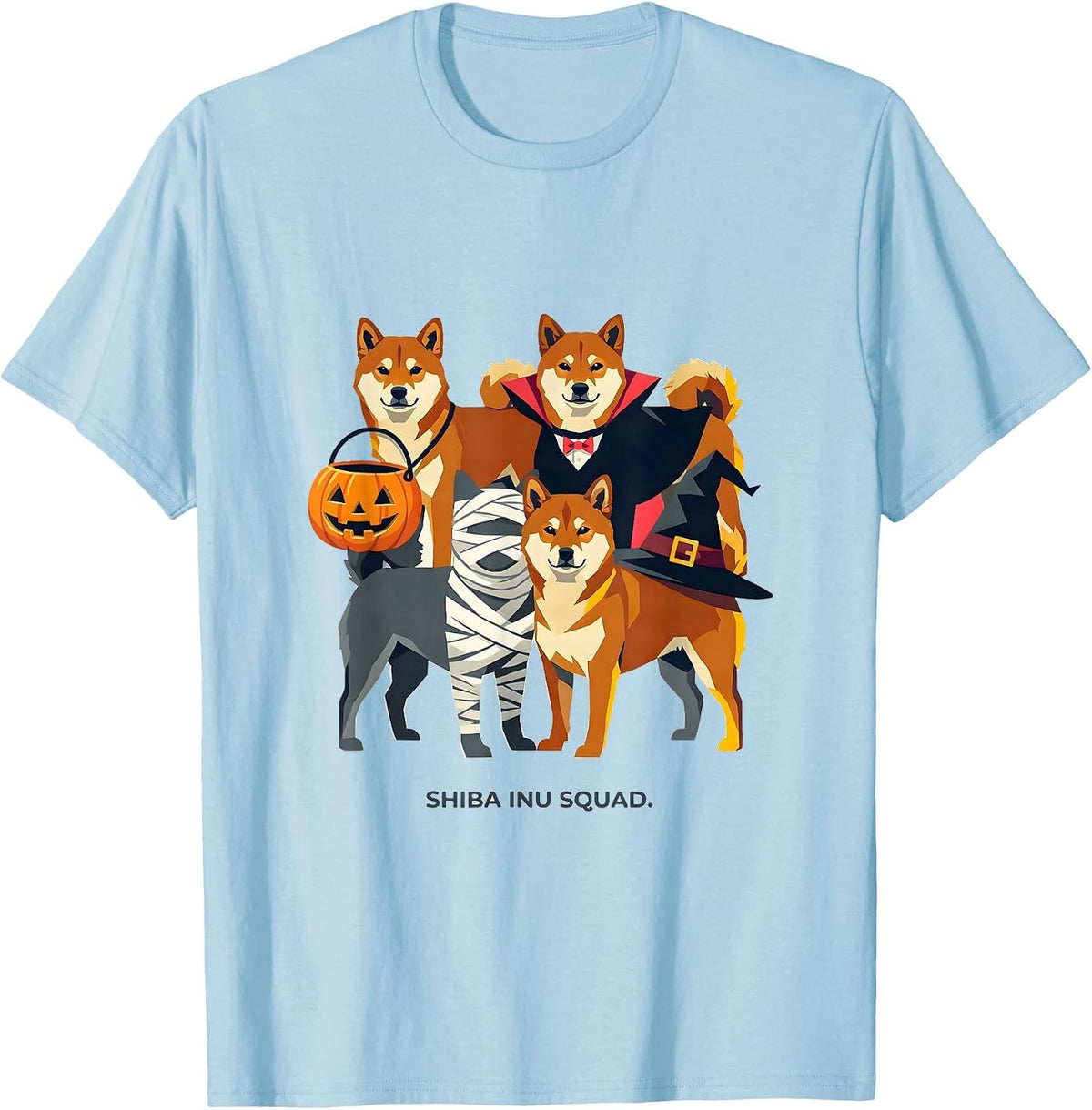 Men's Shiba Inu Squad Halloween Pumpkin Vampire Mummy Witch Dog T-Shirt - Baby Blue