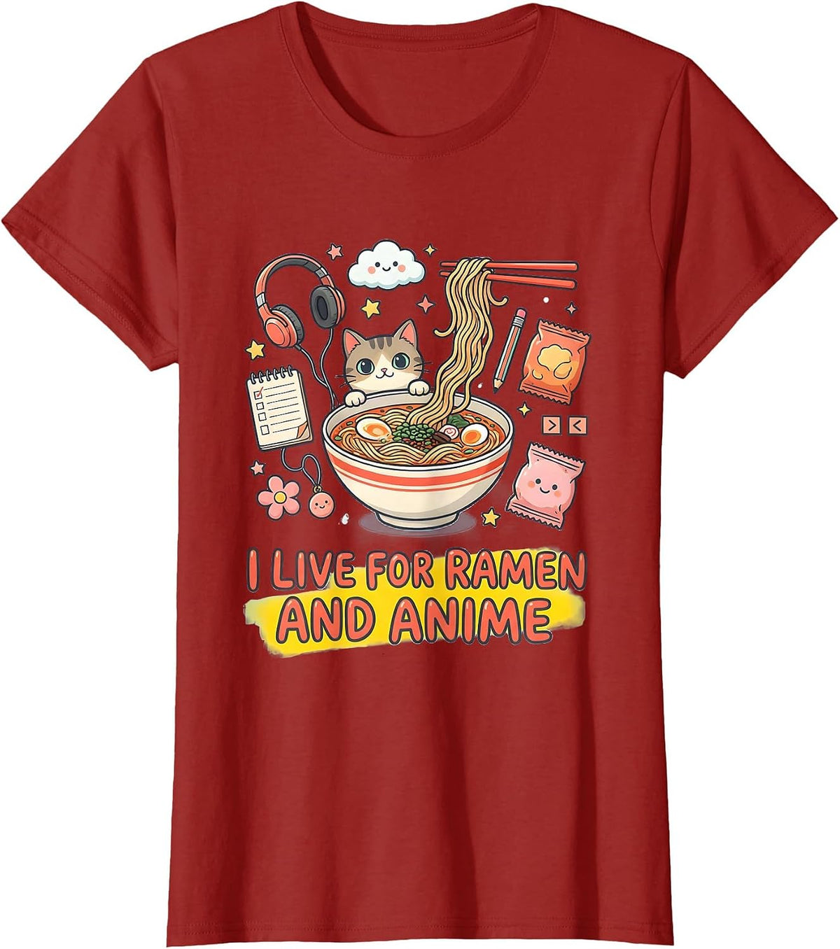 Women's I Live For Ramen And Anime Kawaii Cat Anime Gift T-Shirt - Cranberry Red