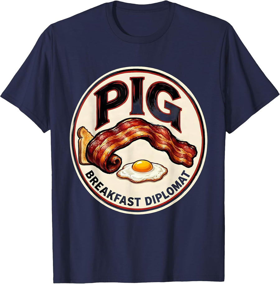 Pig: The Breakfast Diplomat Funny Bacon Lover Breakfast T-Shirt - Navy Blue
