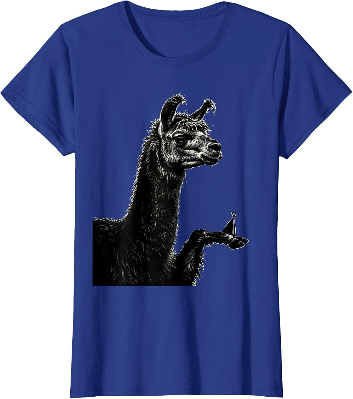 Women's Llama Balancing Party Hat Funny Alpaca Lover Humor T-Shirt - Royal Blue