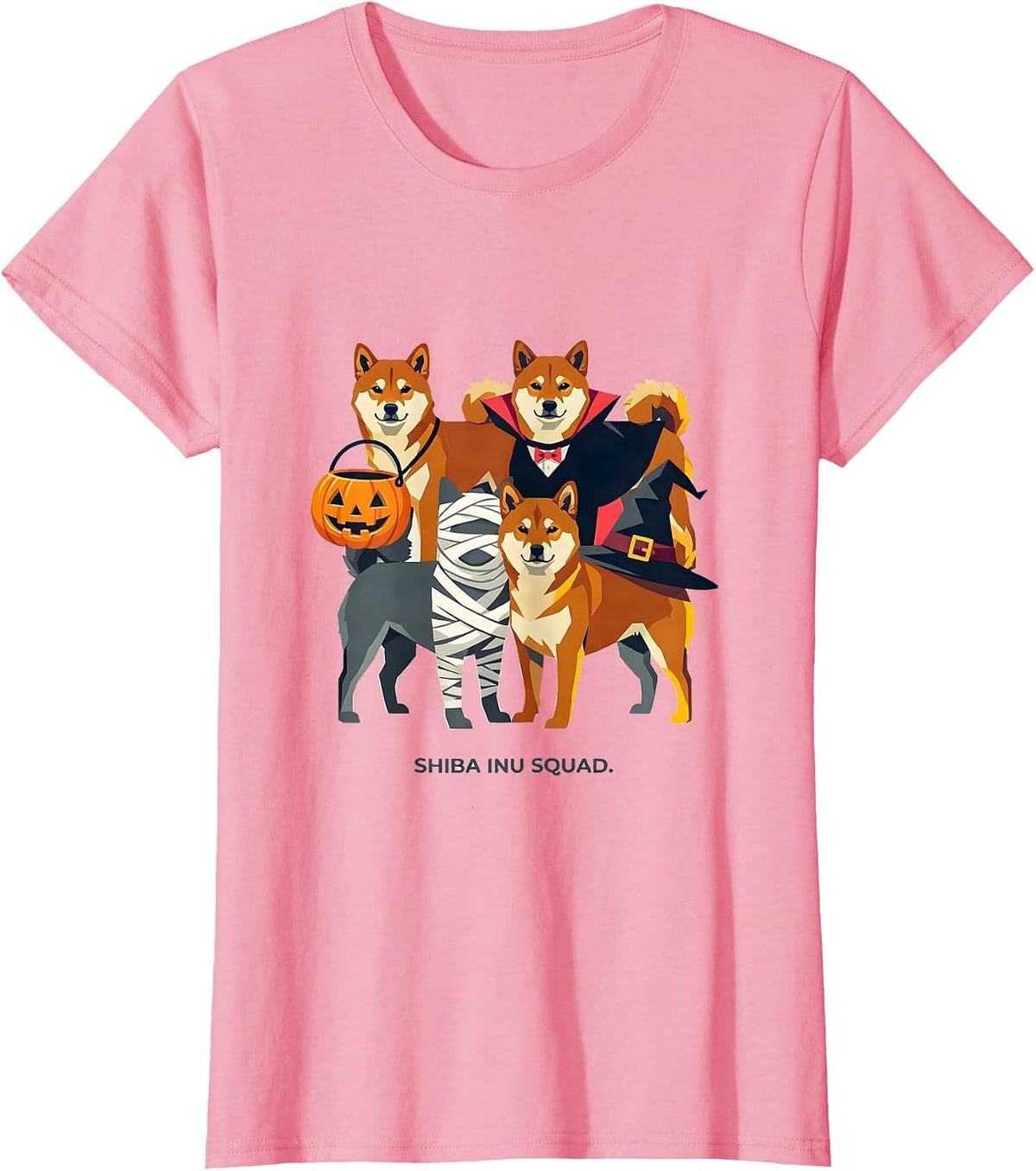 Women's Shiba Inu Squad Halloween Pumpkin Vampire Mummy Witch Dog T-Shirt - Pink