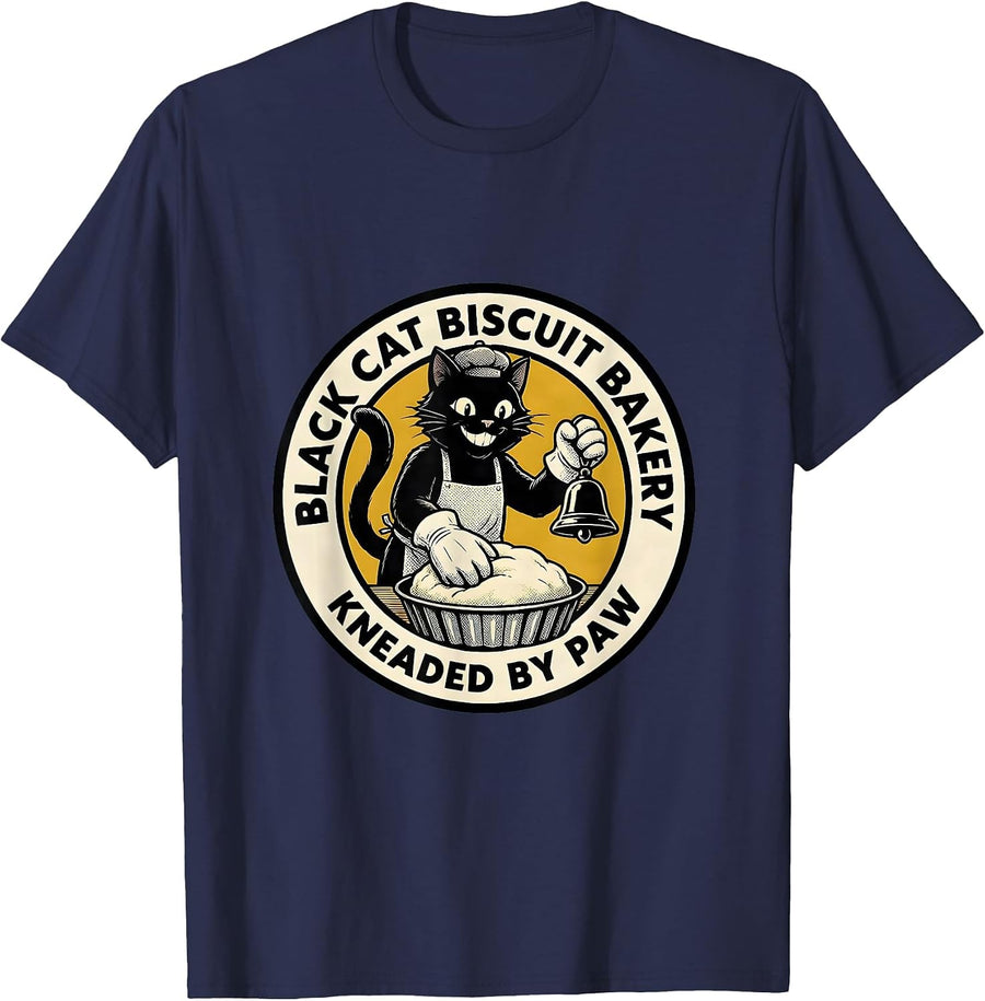Black Cat Biscuit Bakery Kneaded By Paw Cat Lover T-Shirt - Navy Blue