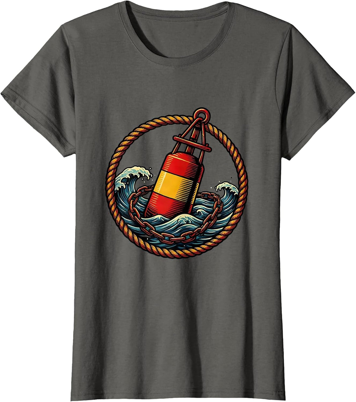 Women's Lone Buoy Ocean Illustration Navy Graphic T-Shirt - Asphalt Grey