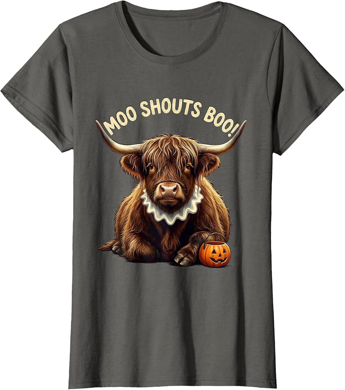 Women's Moo Shouts Boo! Funny Highland Cow Fall Halloween Pun T-Shirt - Asphalt Grey