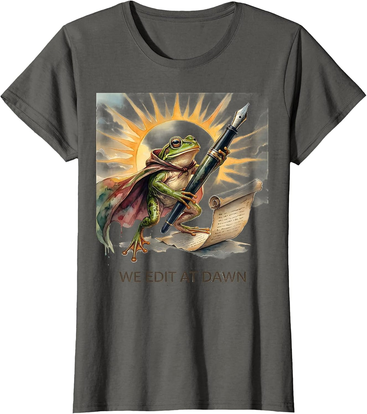 Women's We Edit At Dawn Funny Frog Teacher English Reader Back T-Shirt - Asphalt Grey
