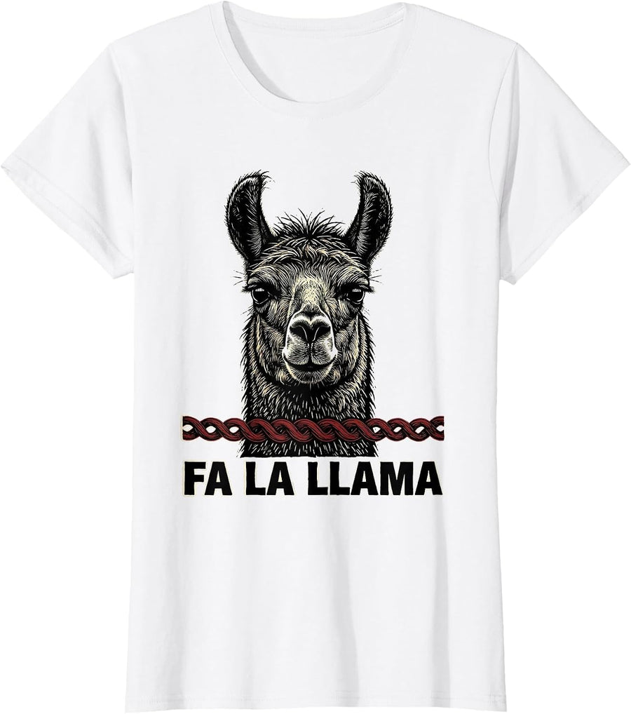 Women's Fa La Llama Linocut Funny Christmas Llama Lover Novelty T-Shirt - White