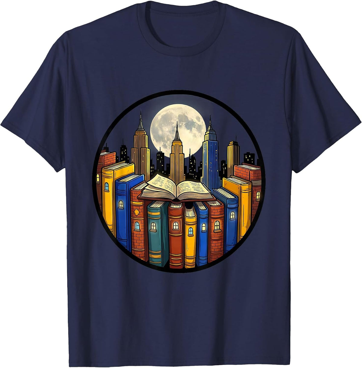 Men's Book Cityscape Skyline Literary Illustration T-Shirt - Navy Blue