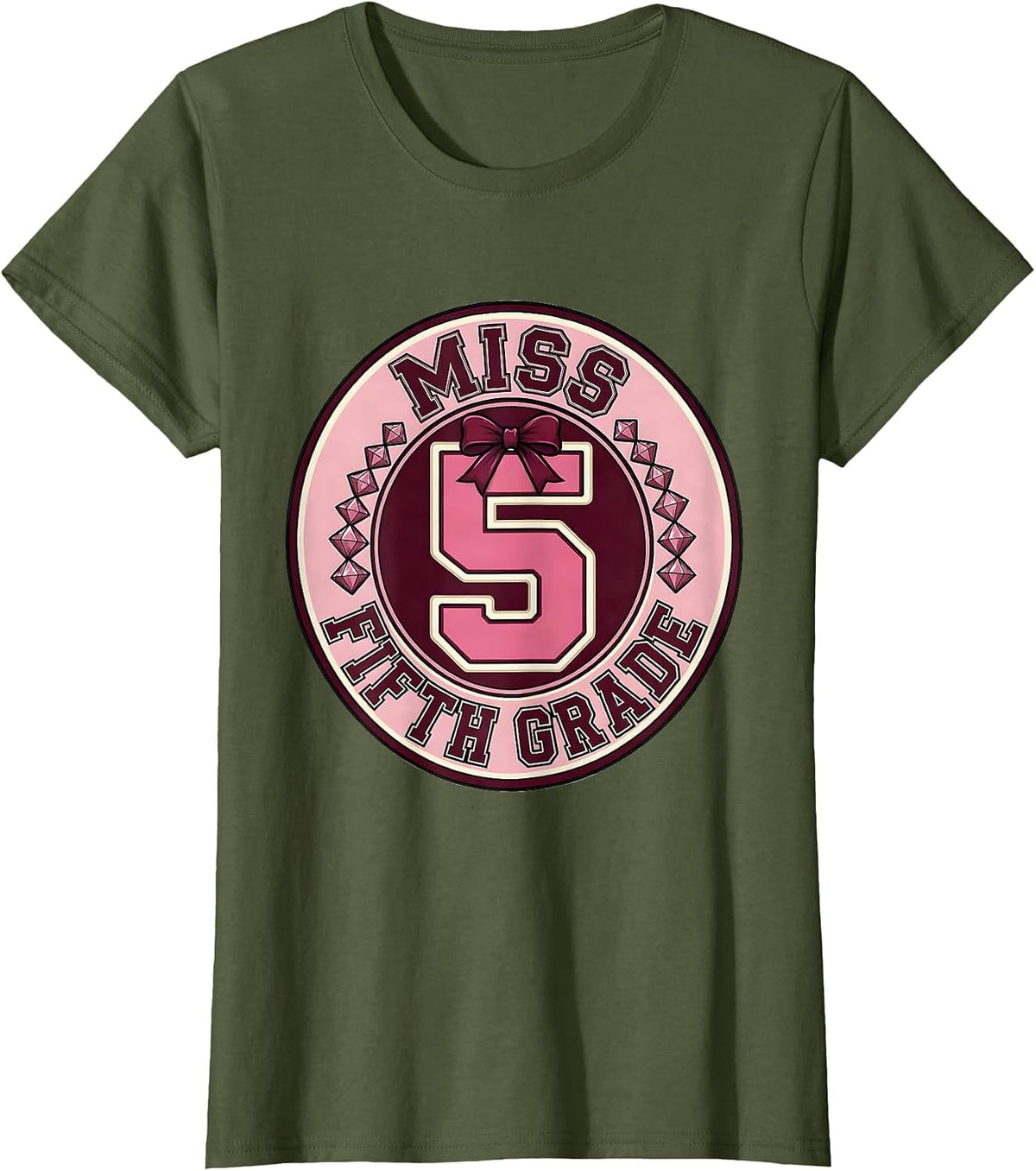 Women's Miss Fifth Grade Sparkle Varsity Coquette Bow Back To School T-Shirt - Olive Green