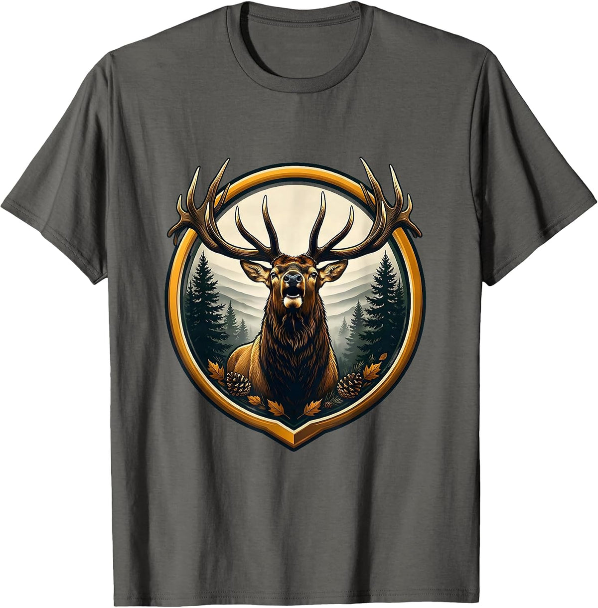 Men's Elk Bugling in Foggy Pine Forest Fall Design T-Shirt - Asphalt Grey