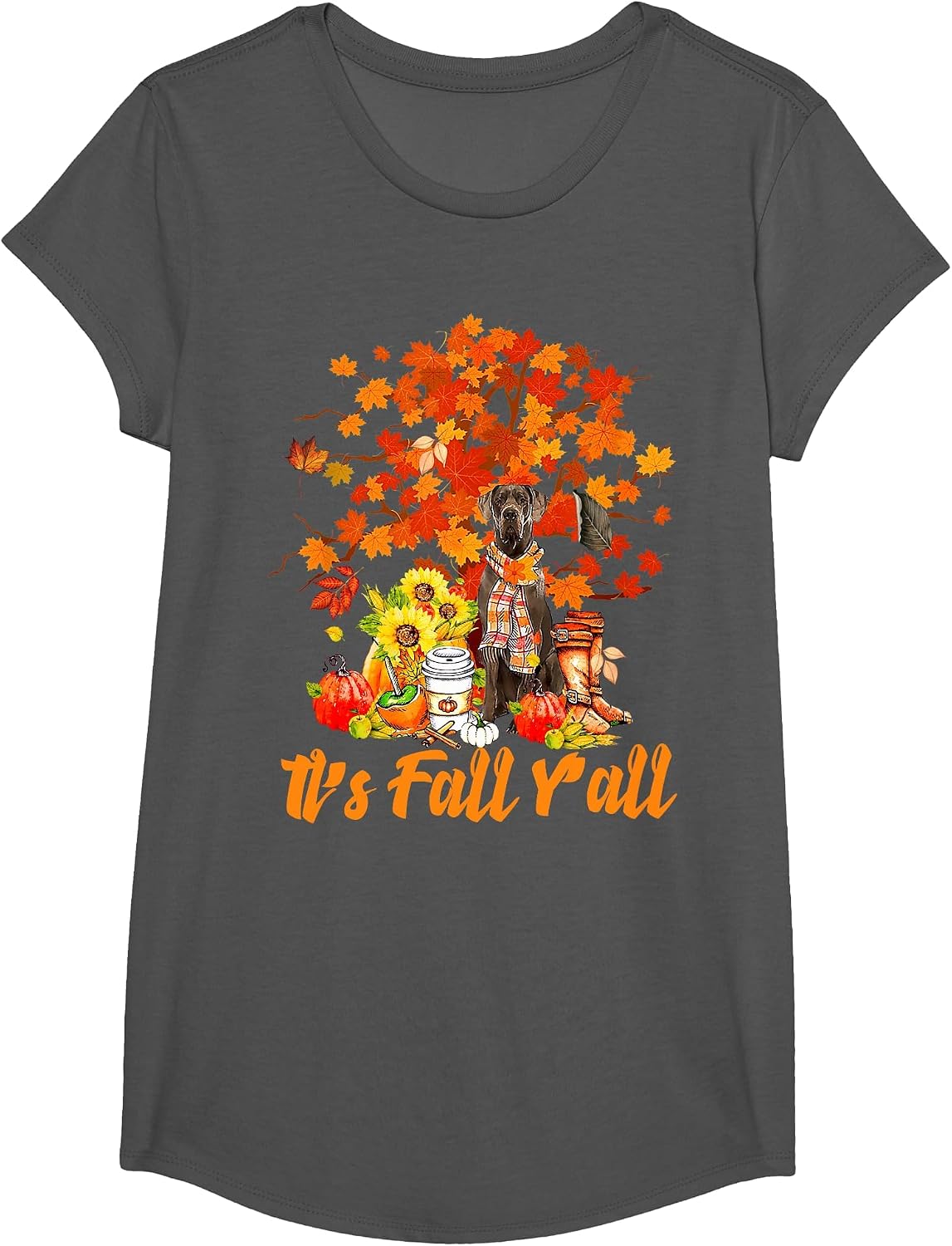 It's Fall Y'all American Great Dane Dog Lovers Thanksgiving T-Shirt - Girls Asphalt Grey