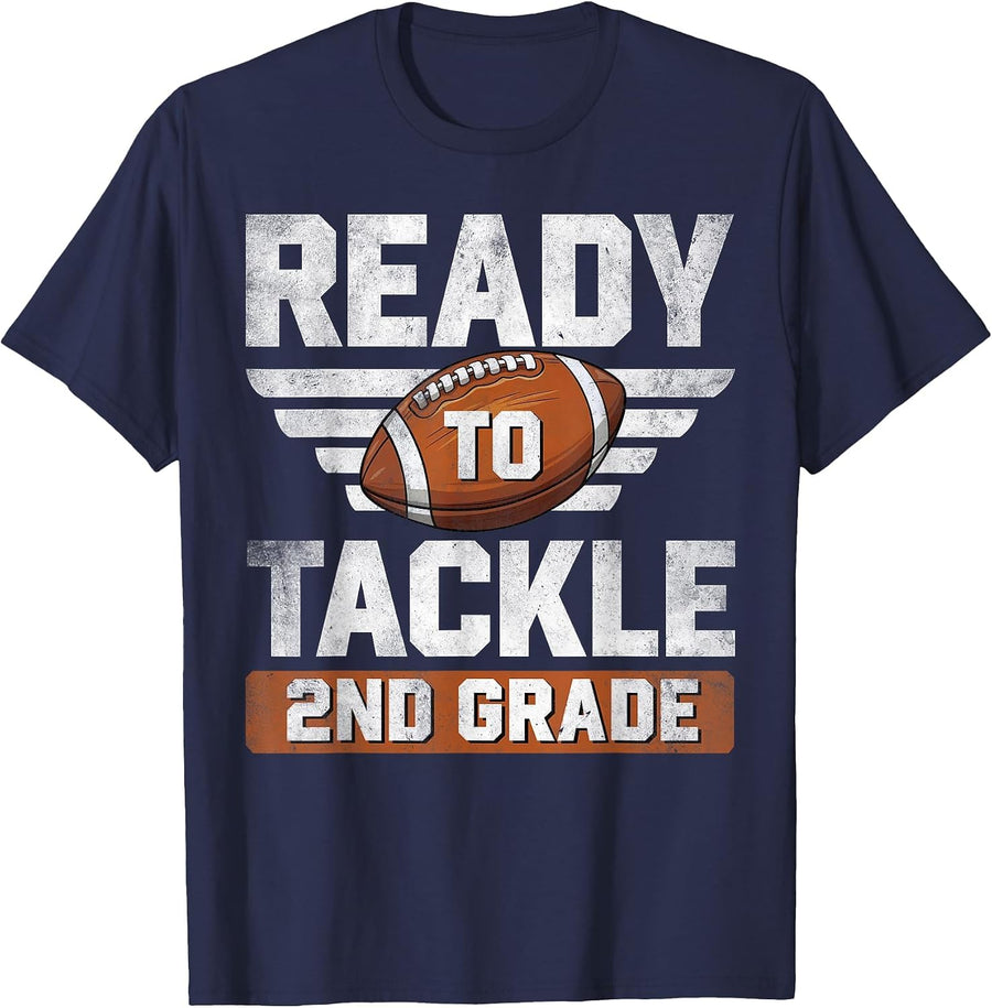 Ready to Tackle 2nd Grade Football Back to School Boys Kids T-Shirt - Navy Blue