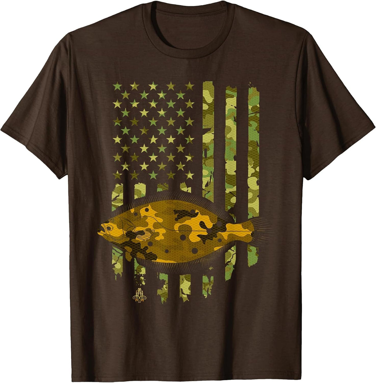 Flatfish Fishing Plaice Halibut American Flag Camouflage T-Shirt - Brown