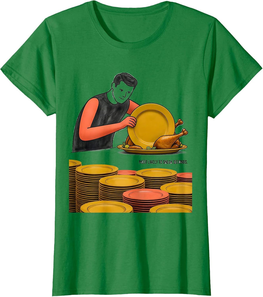 Women's Most Likely To Sneak Seconds Funny Thanksgiving Group T-Shirt - Kelly Green