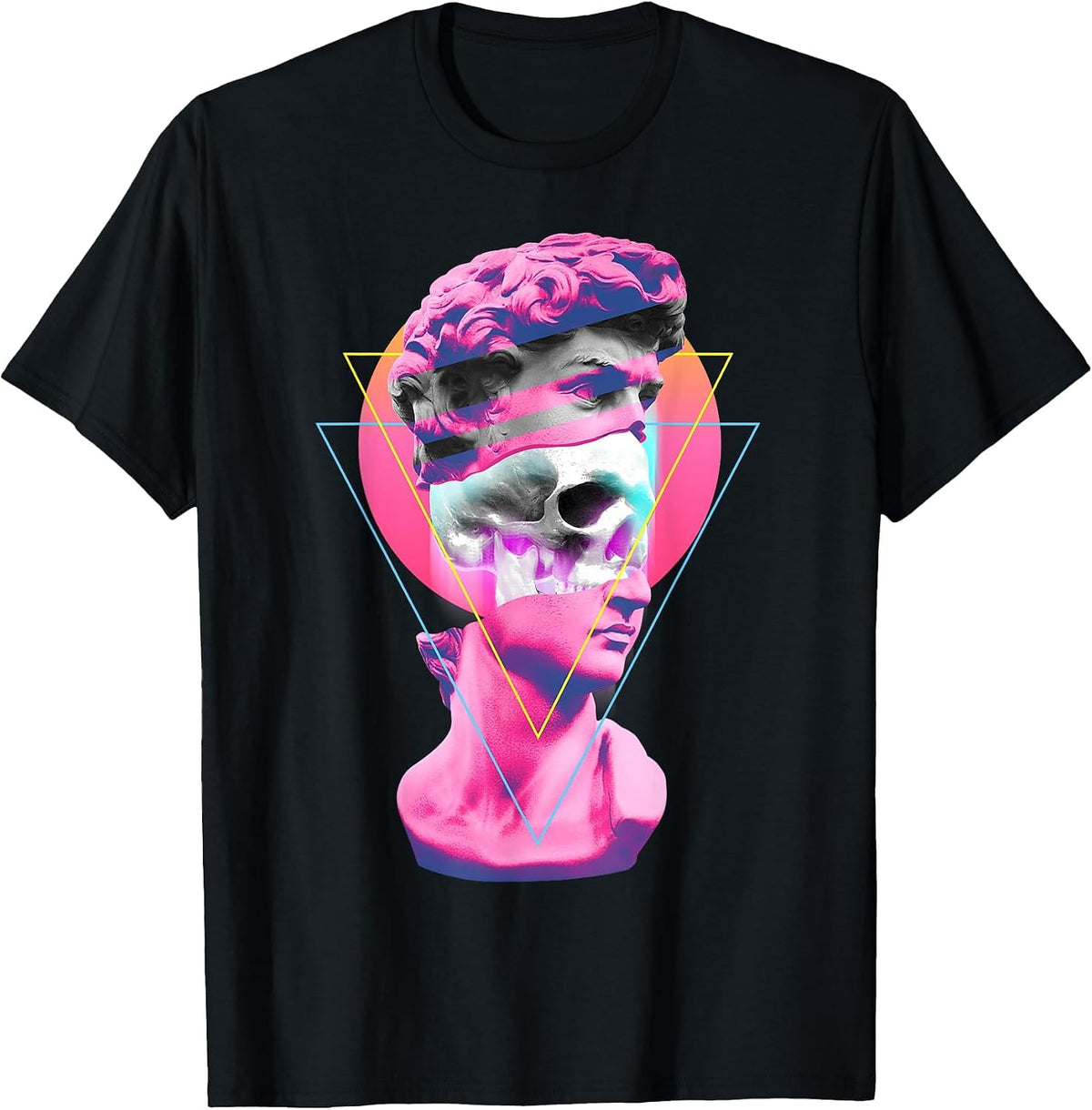 Vaporwave Statue David Bust Skull Retro 80s Glitch T-Shirt - Black