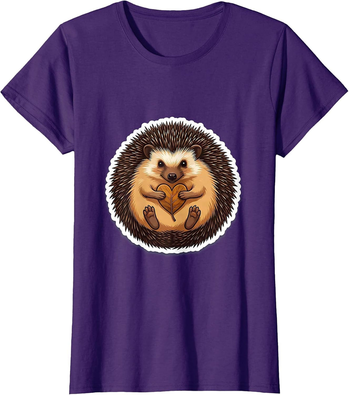 Women's Curled Hedgehog Cute Animal Lover Sticker Style T-Shirt - Purple