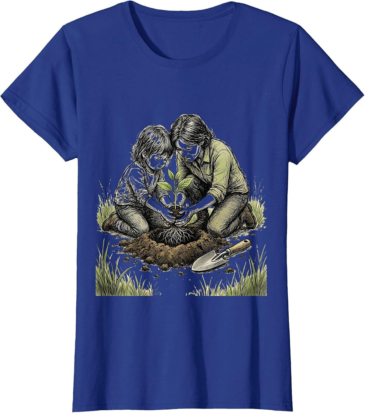 Women's Preschool Teacher Planting Seedling With Child T-Shirt - Royal Blue