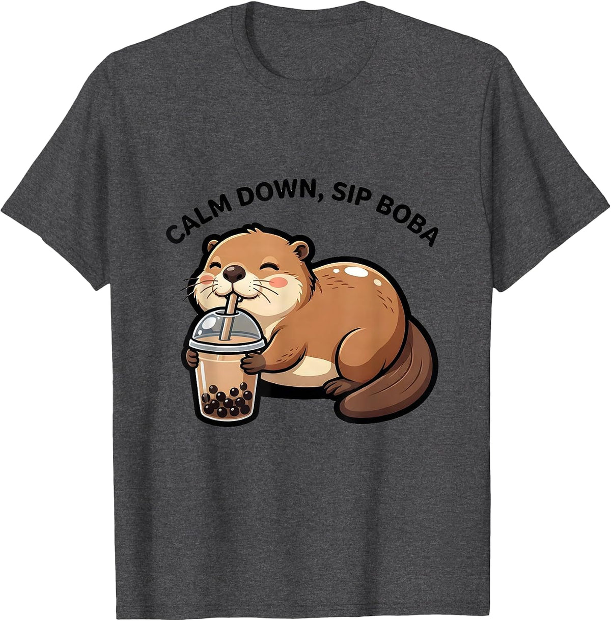 Calm Down, Sip Boba Cute Kawaii Anime Animal Boba Tea Lover T-Shirt - Dark Heather Grey