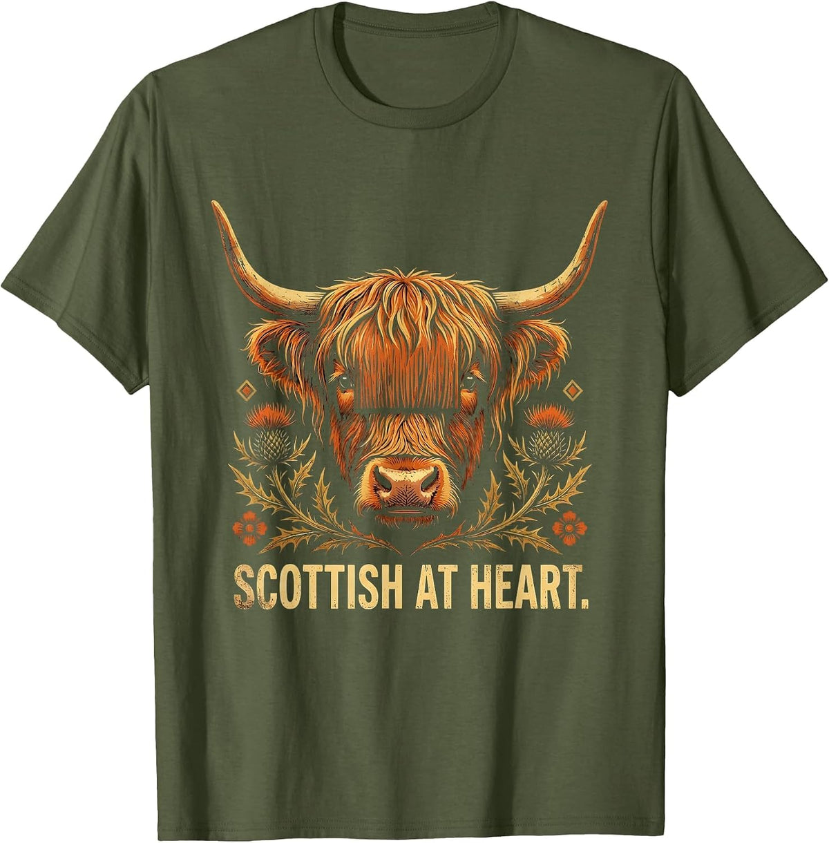 Scottish at Heart Highland Cow Design T-Shirt - Olive Green