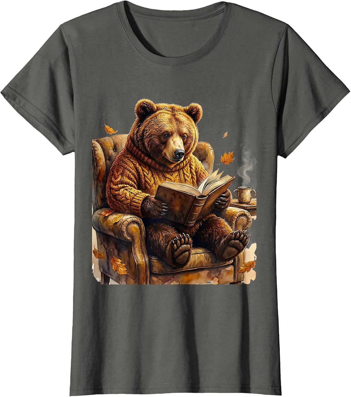 Women's Fall Teacher Bear Reading Book Illustration T-Shirt - Asphalt Grey