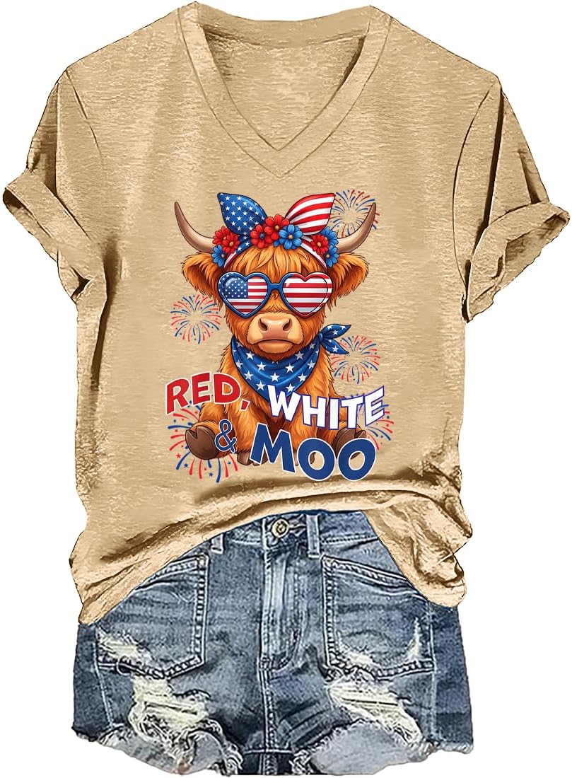 Red White and Moo Highland Cow Shirt for Women Man 4th July Funny Moo Patriotic T-Shirt - V-Neck Khaki-v