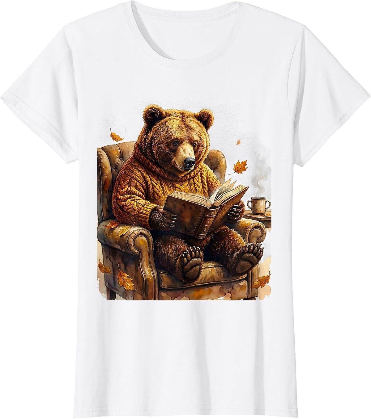 Women's Fall Teacher Bear Reading Book Illustration T-Shirt - White
