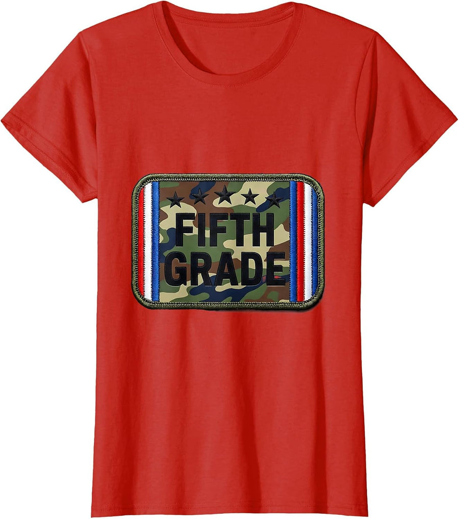 Women's Fifth Grade Camo Back To School Boy Teacher Matching T-Shirt - Red