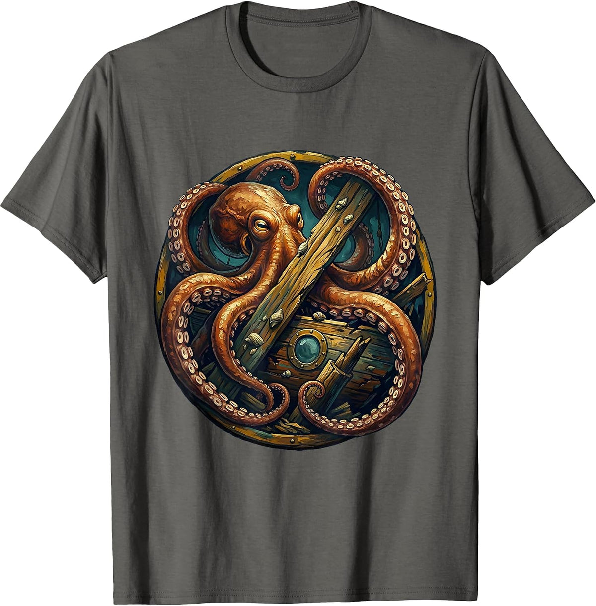 Octopus Sunken Ship Sailor Graphic Tee T-Shirt - Asphalt Grey