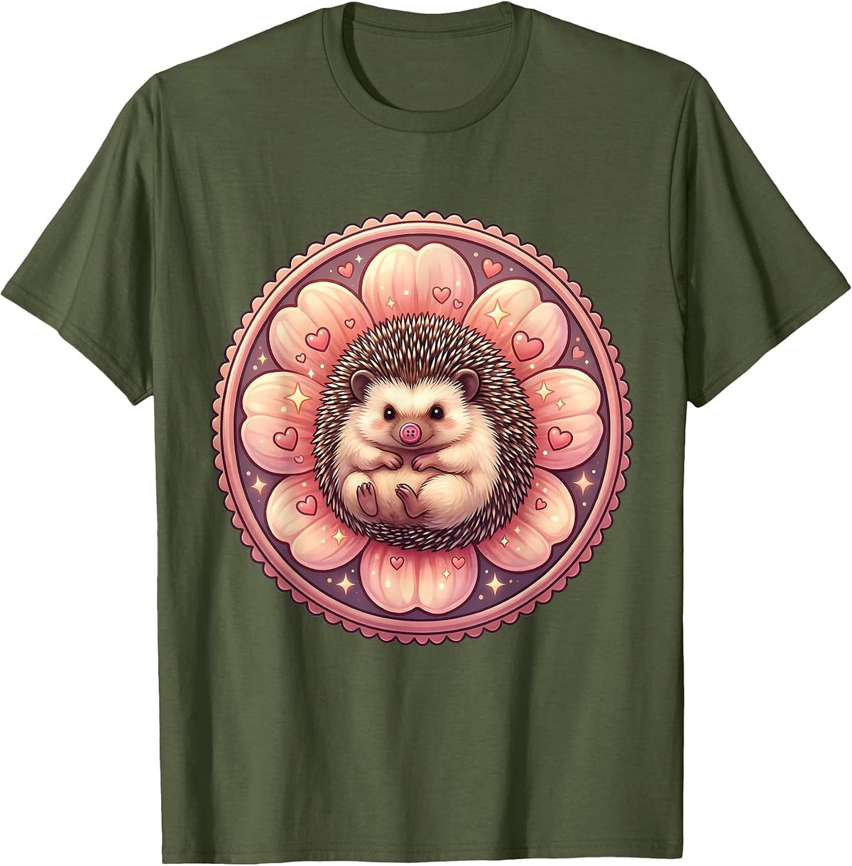 Kawaii Hedgehog in a Flower Bloom Cute Nature Art T-Shirt - Olive Green