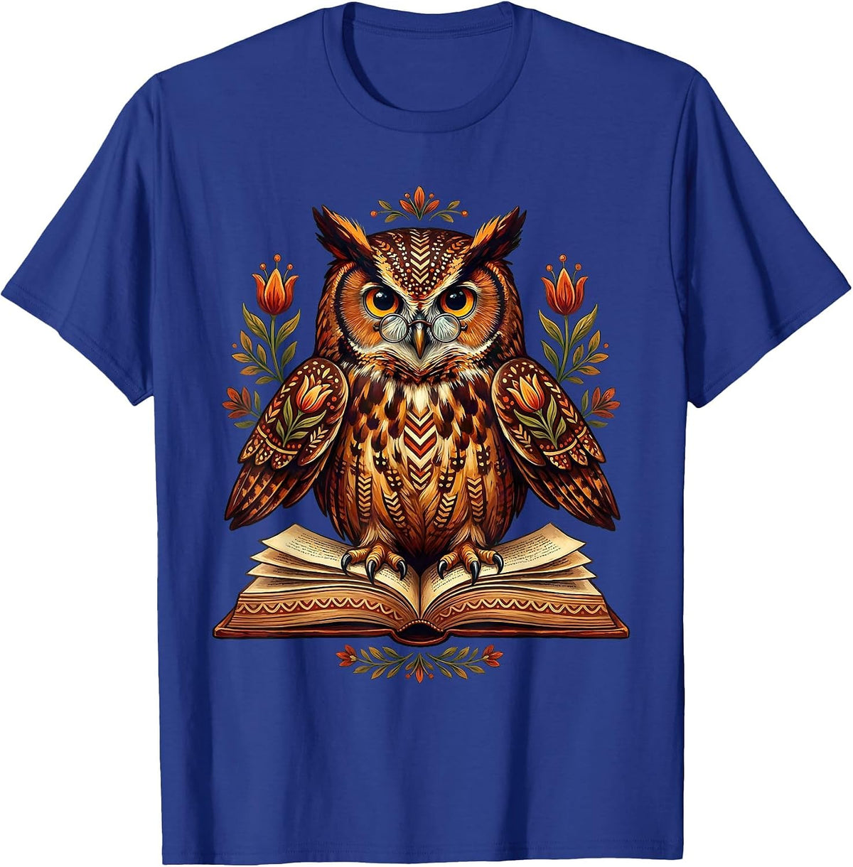Wise Owl Reading Book With Glasses Illustration T-Shirt - Royal Blue